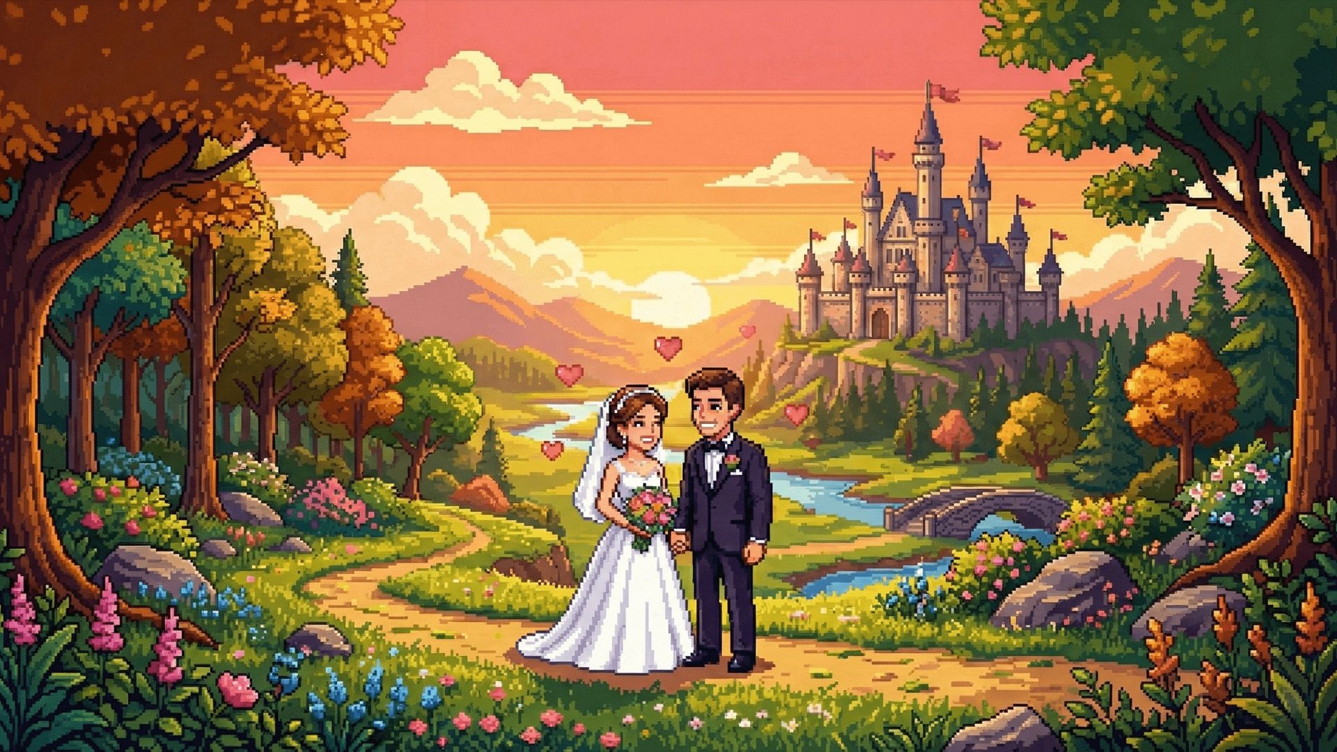Pixel art wedding scene